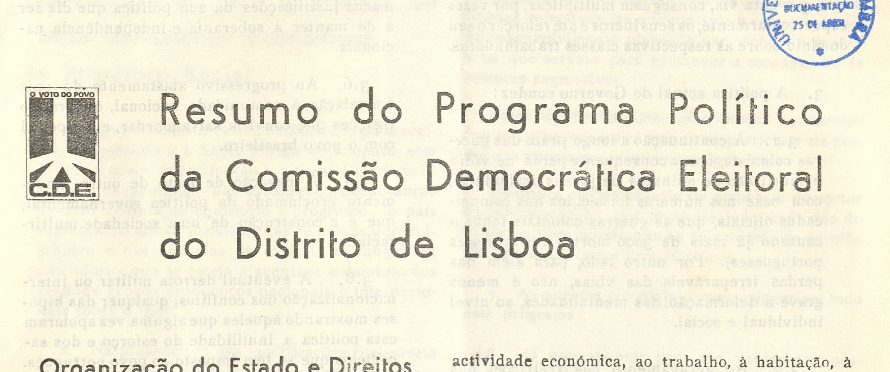 Resumo do programa político da Comissão Democrática Eleitoral do Distrito de Lisboa (MDP/CDE)