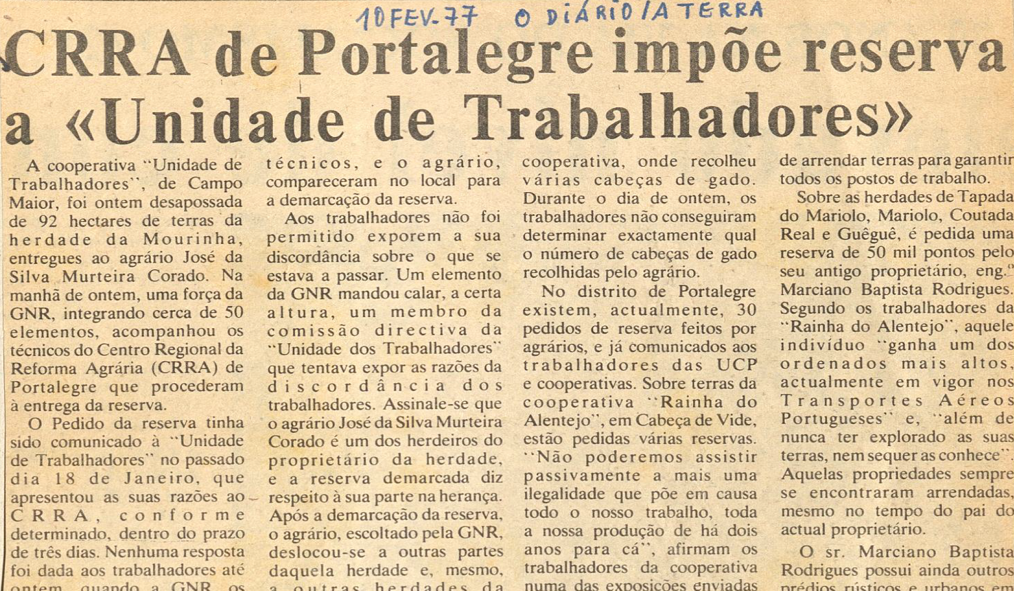 "CRRA de Portalegre impõe reserva a "Unidade de Trabalhadores"