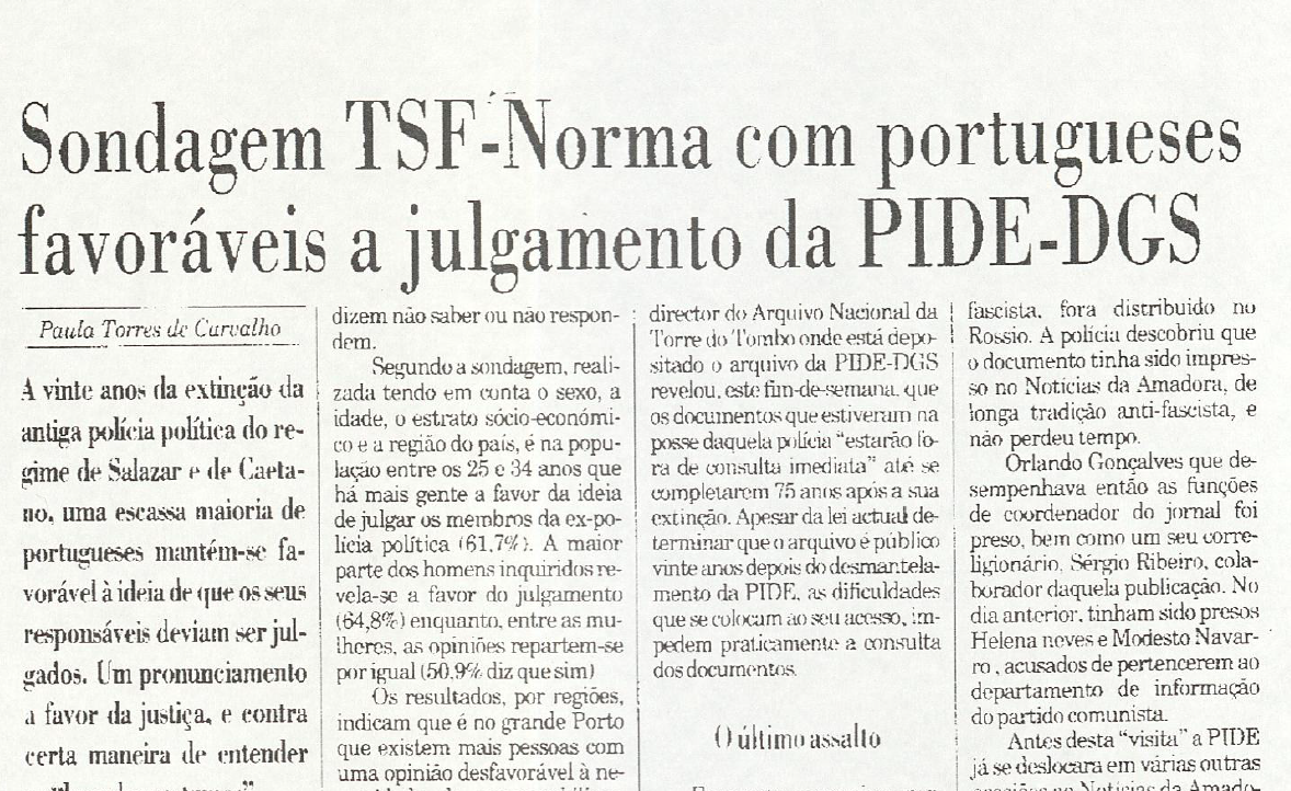 "Sondagem TSF-Norma com portugueses favoráveis a julgamento da PIDE-DGS"