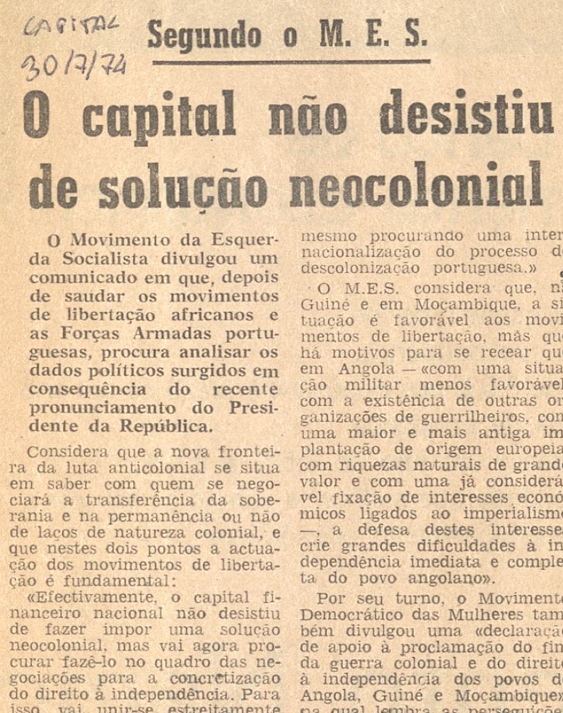 "Segundo o MES o capital não desistiu de solução neocolonial"