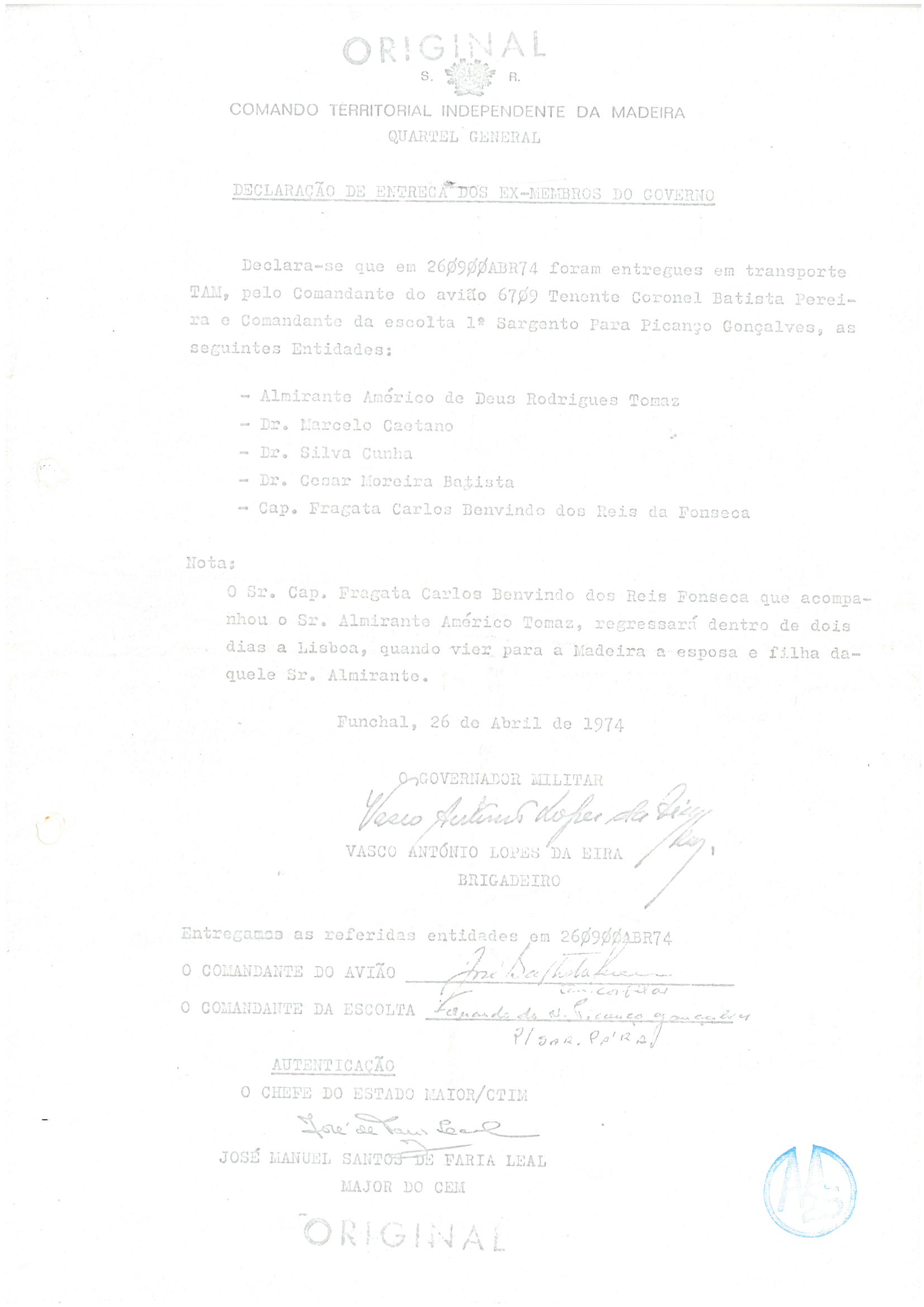 “Declaração de entrega dos ex-membros do governo”