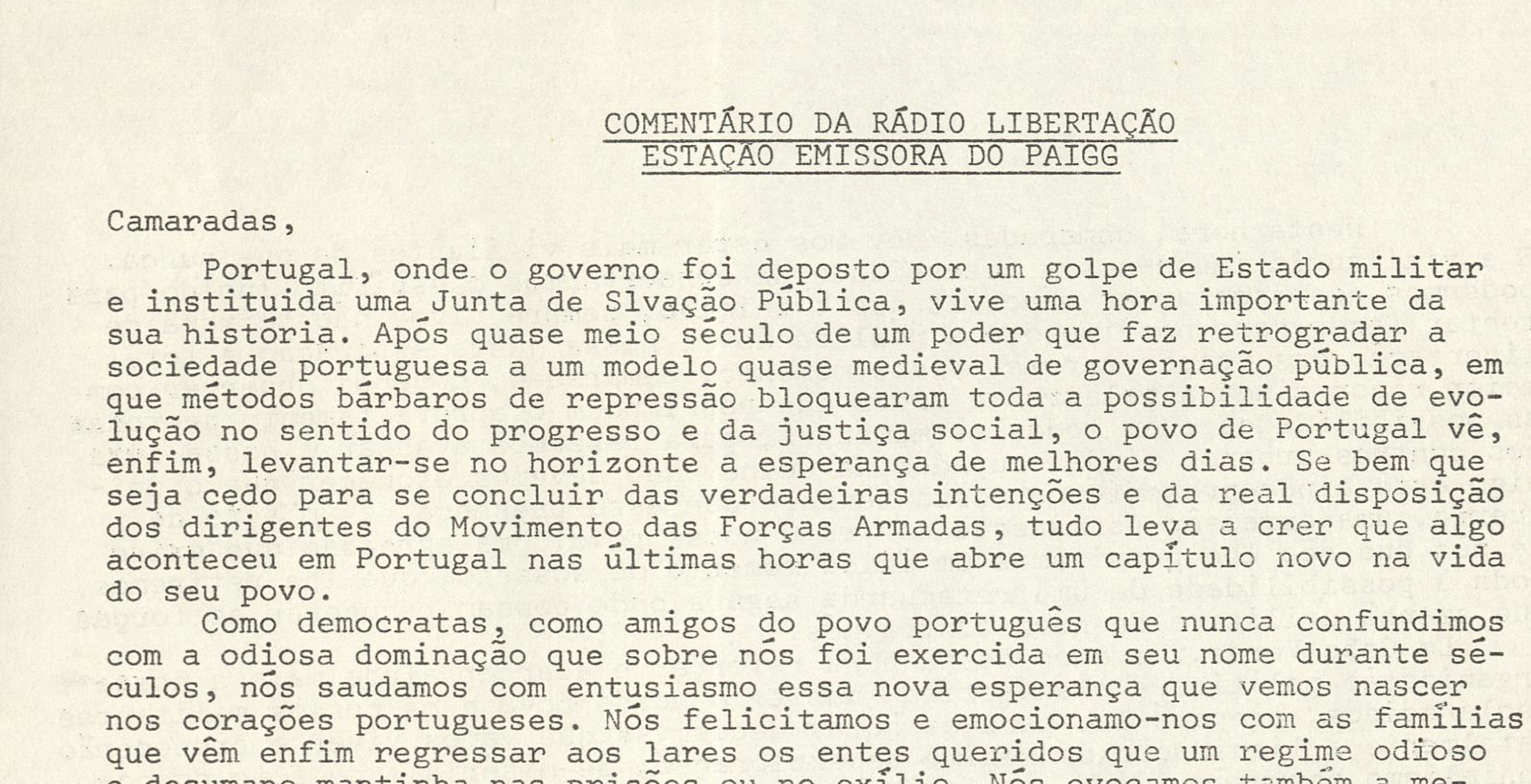 Comentário da Rádio Libertação estação emissora do PAIGC