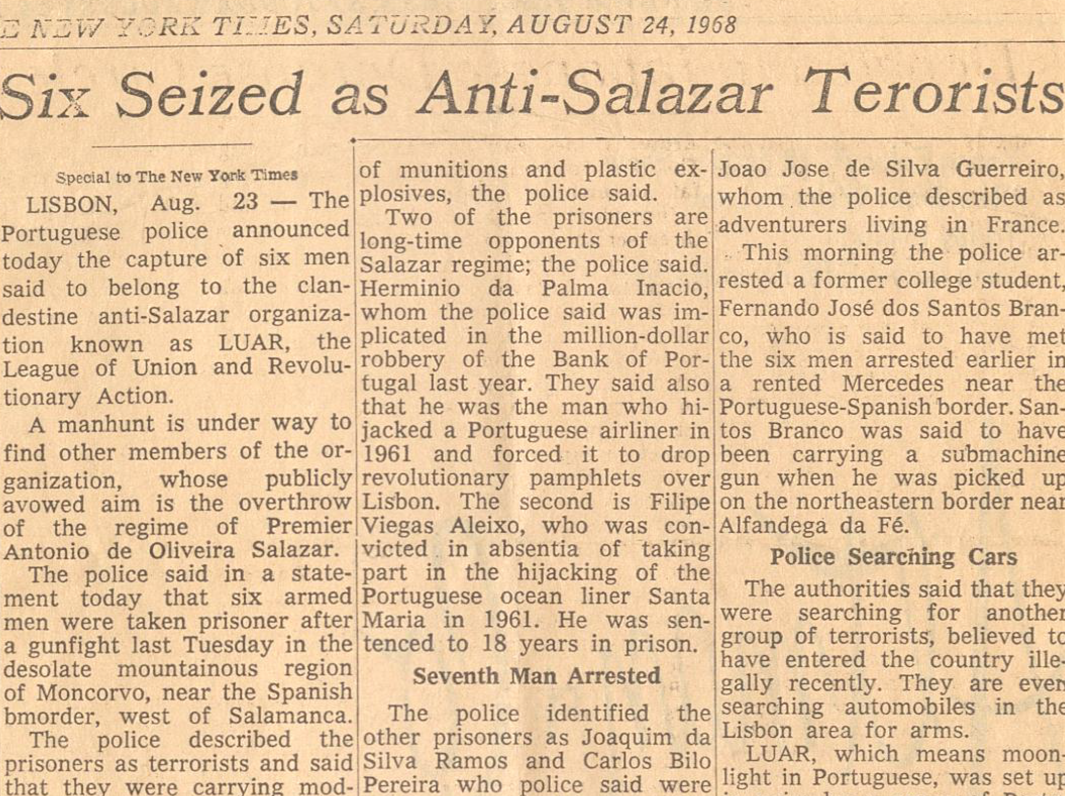 "Six Seized Anti-Salazar Terrorists"