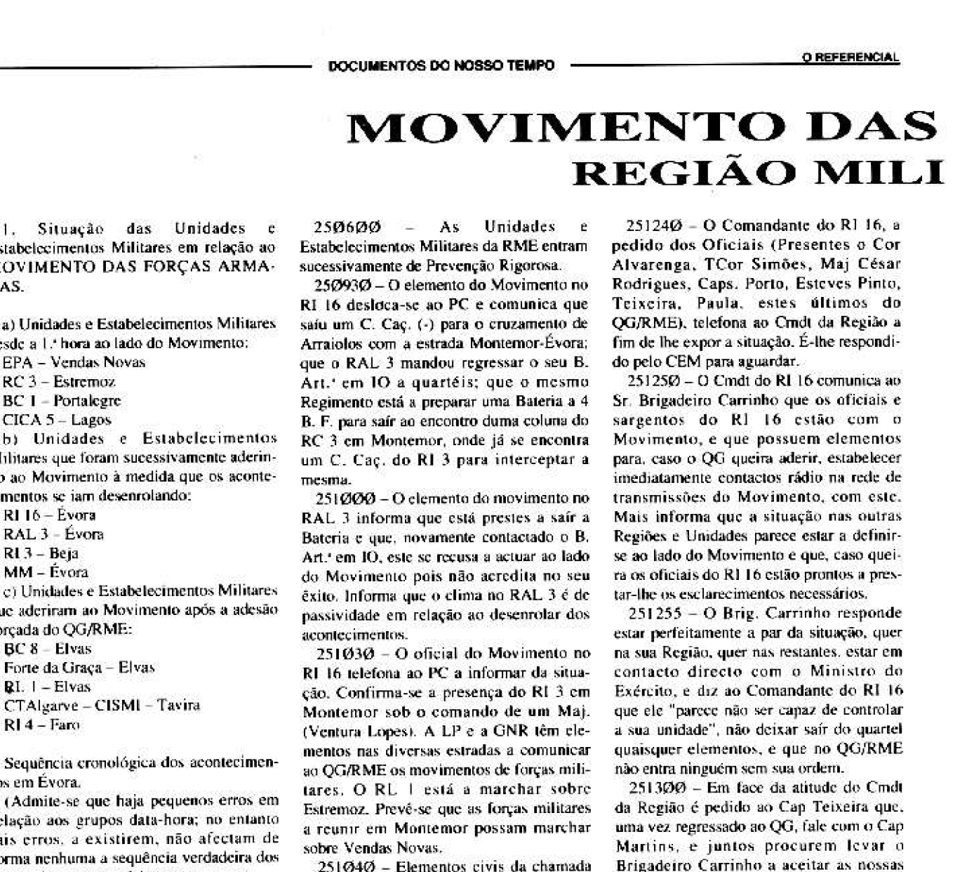 "Movimento das Forças Armadas" na Região Militar de Évora (Referencial nº32)