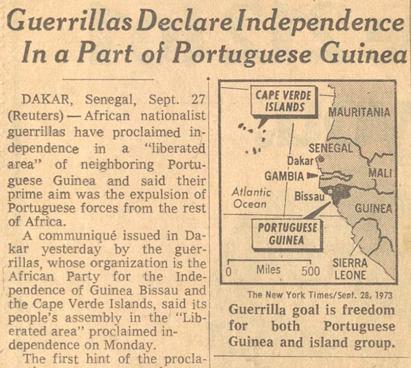 "Guerrillas declare independence in a Part of Portuguese Guinea"