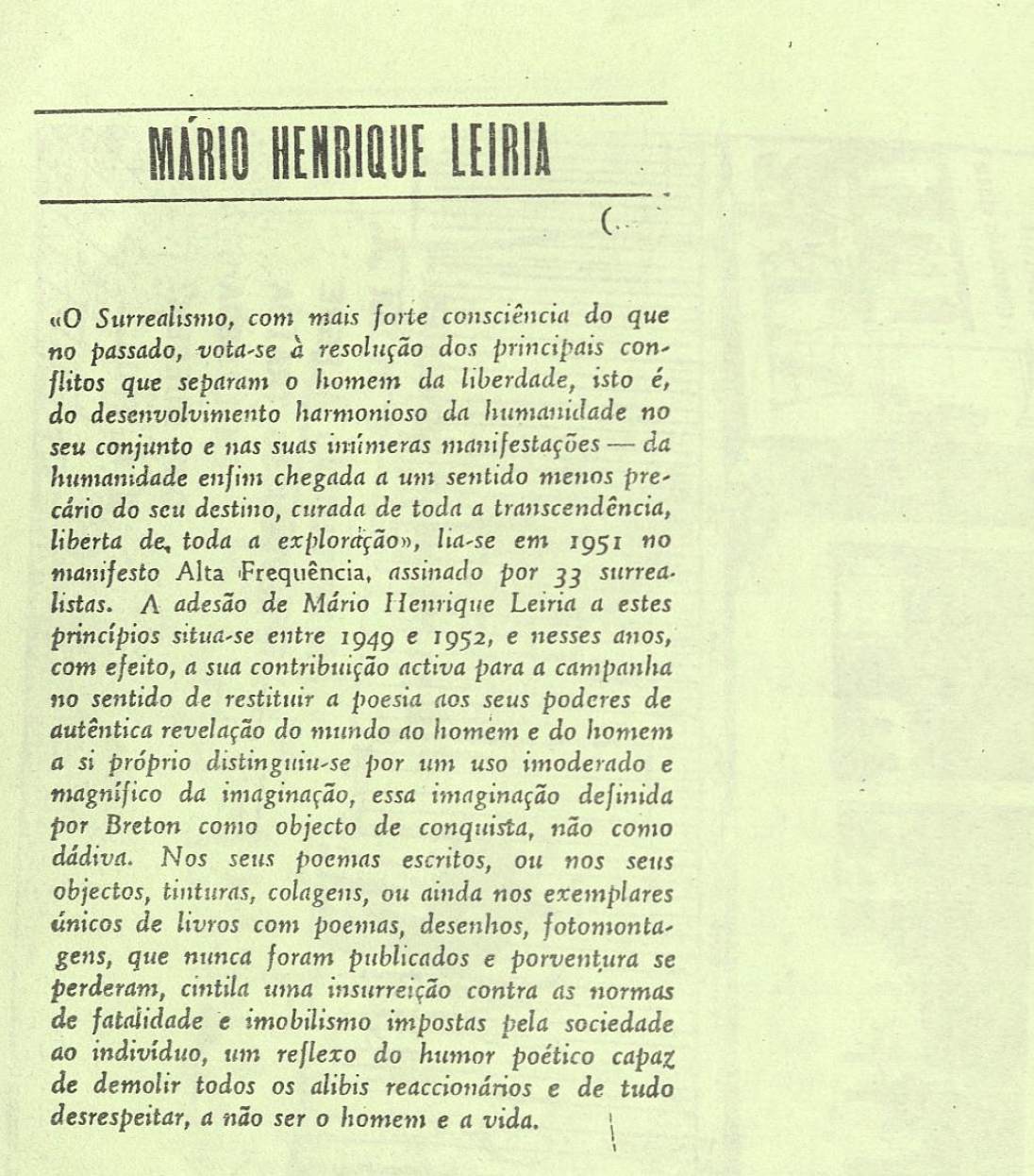 Panfleto do Teatro Experimental do Porto sobre Mário Henrique Leiria e o Surrealismo Português