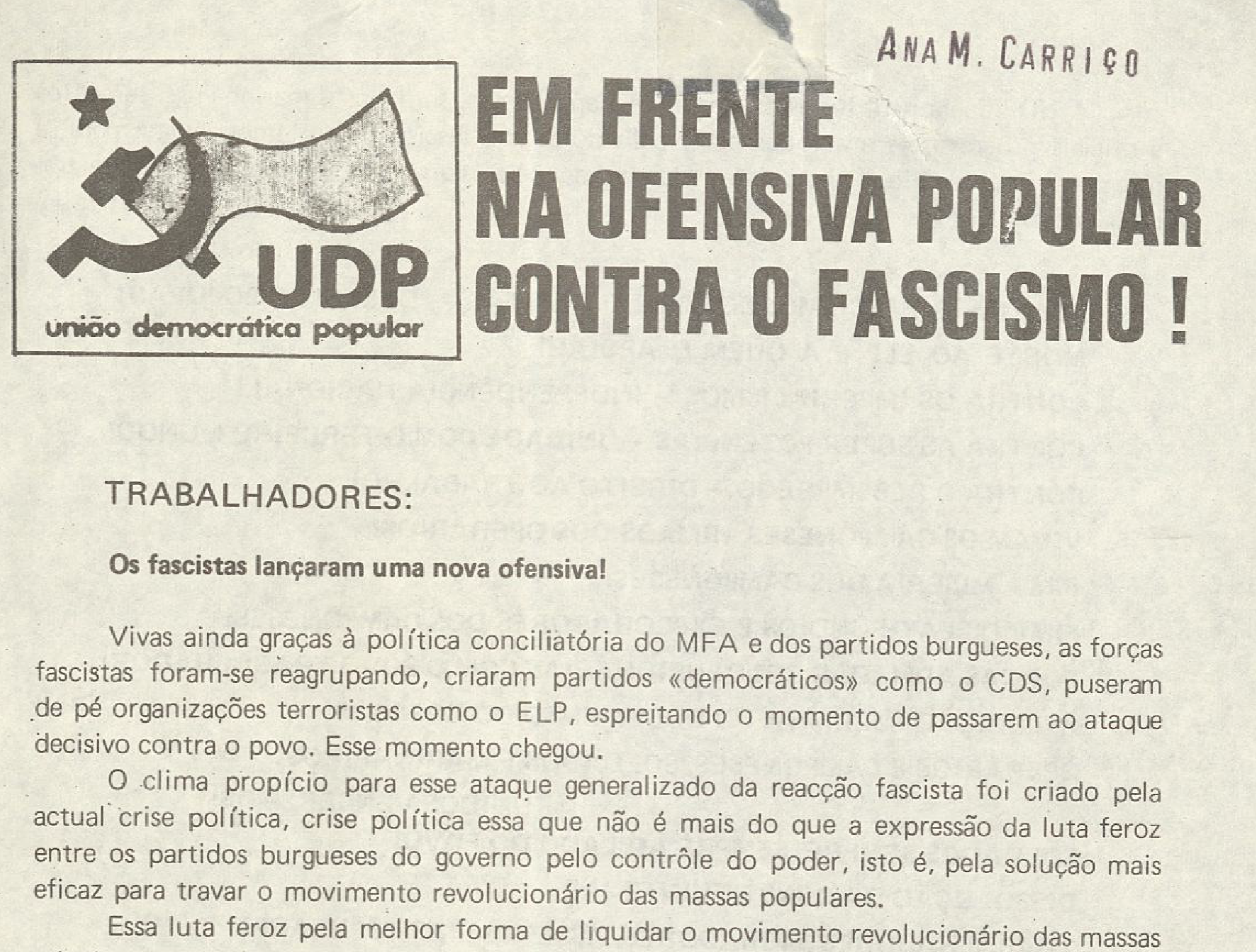 Em frente na ofensiva popular contra o fascismo (UDP)