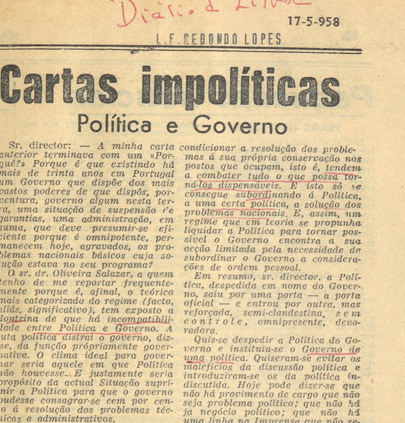 "Cartas impolíticas Politica e Governo"