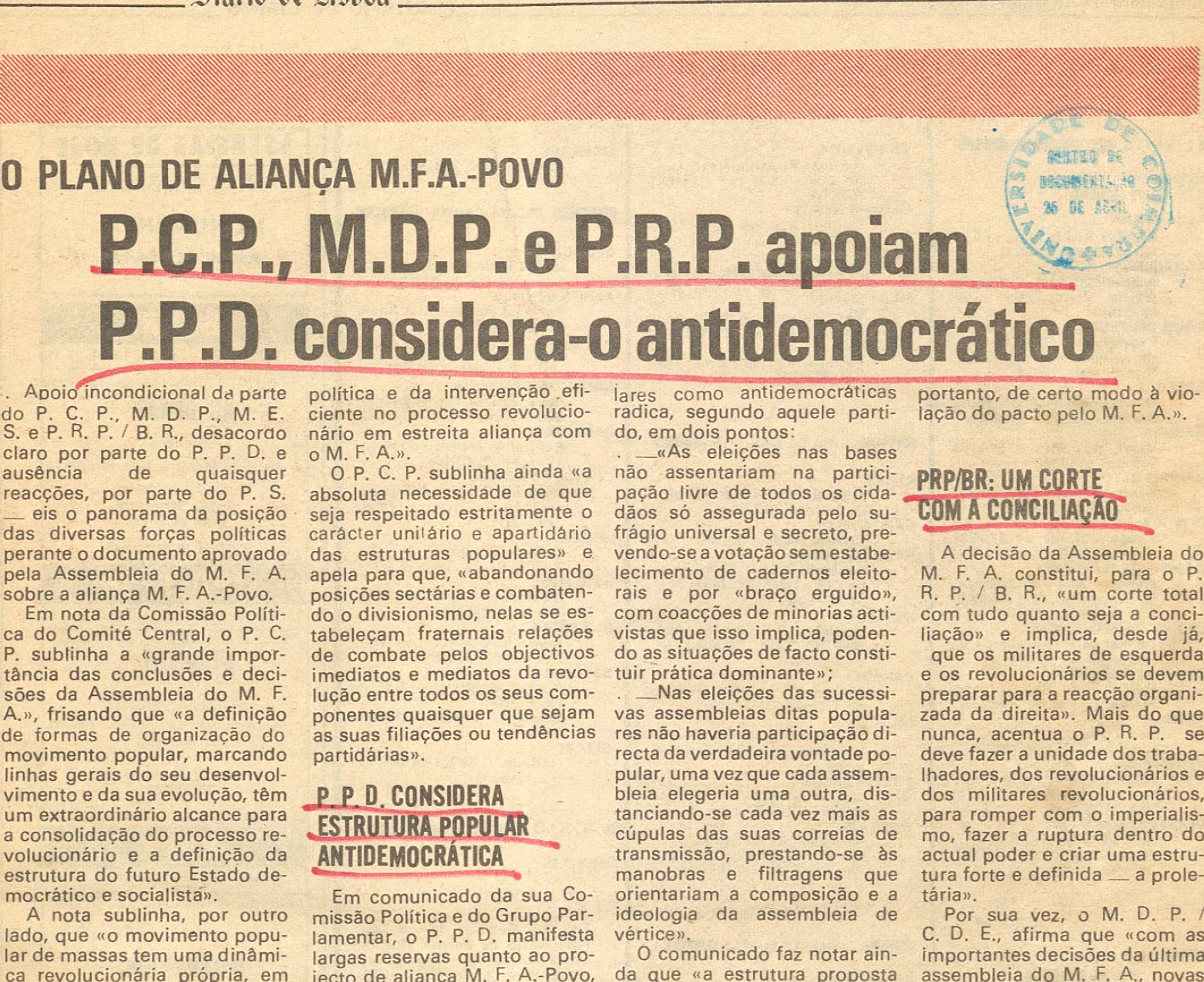 "Plano MFA-Povo PCP; MDP e PRP apoiam, PPD considera-o antidemocrático"