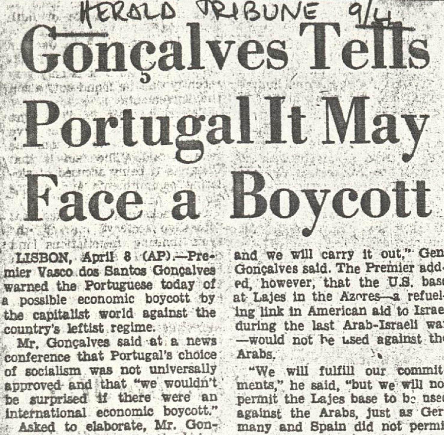 "Gonçalves tells Portugal it may face a boycott"