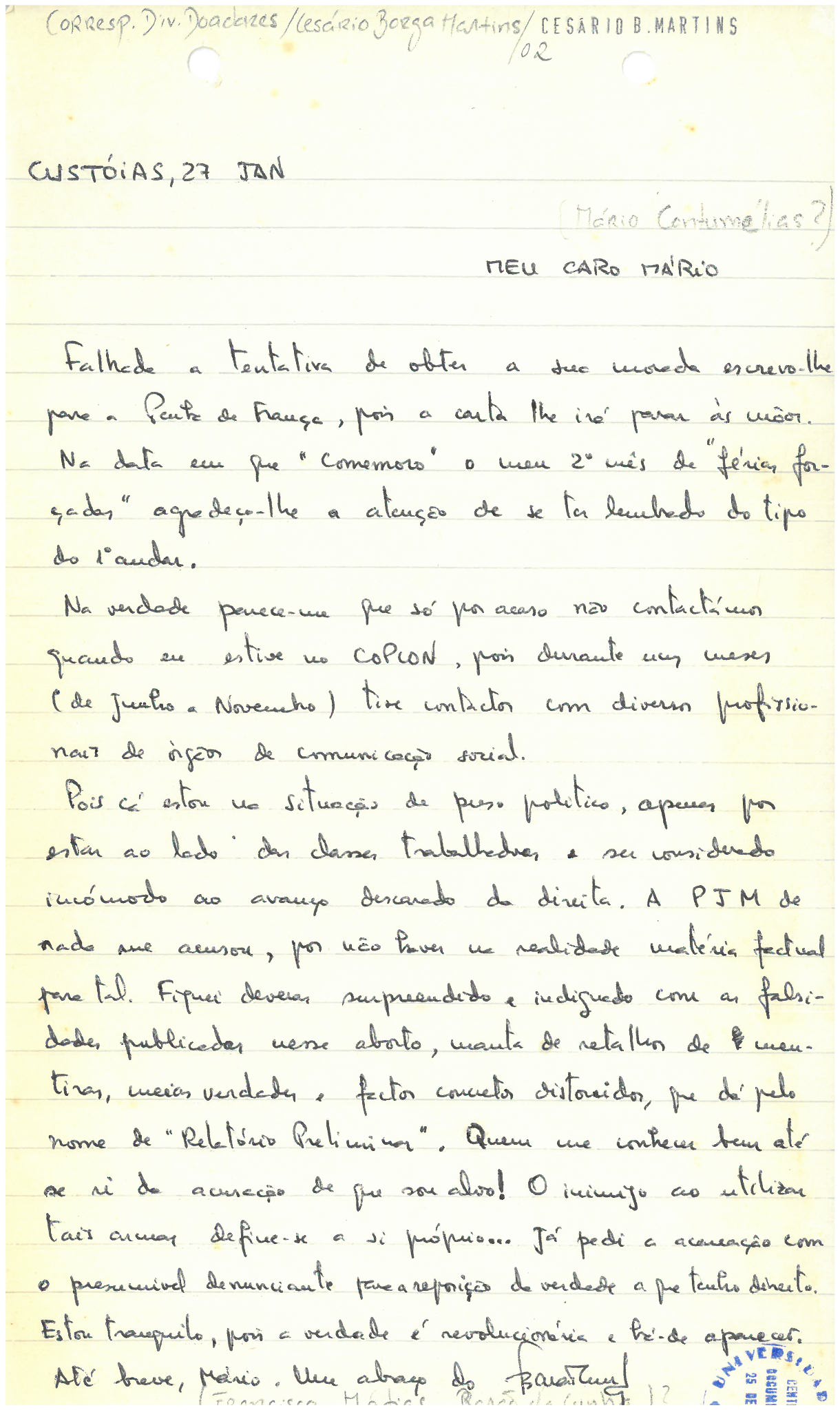 Carta de Barão da Cunha sobre a detenção após o 25 de novembro de 1975