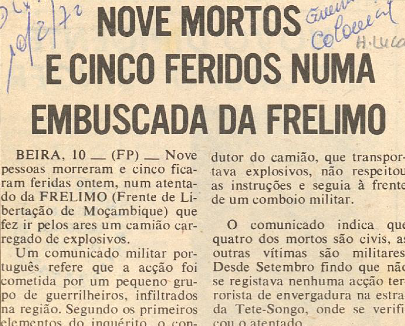 "Nove mortos e cinco feridos numa embuscada da FRELIMO"