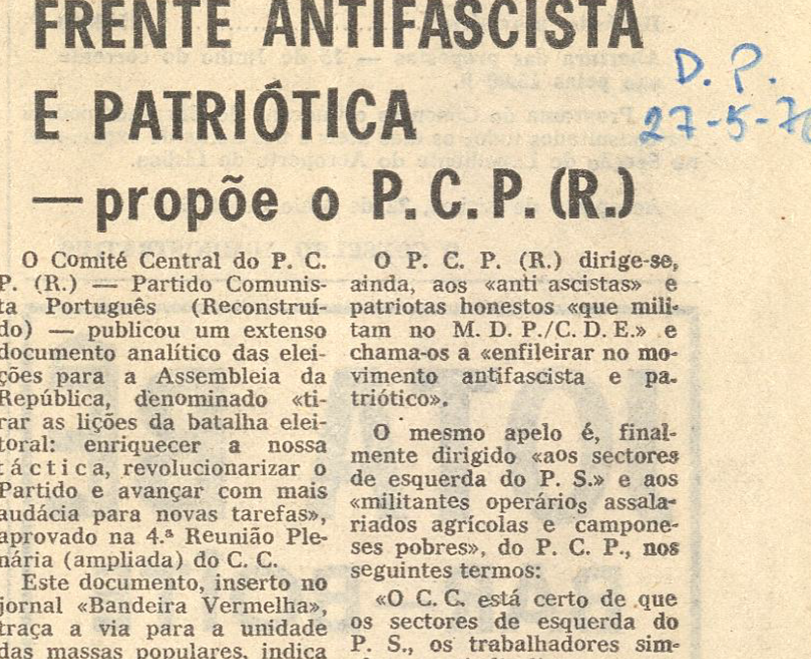 "Frente Antifascista e patriótica - propõe do PCP (R)"