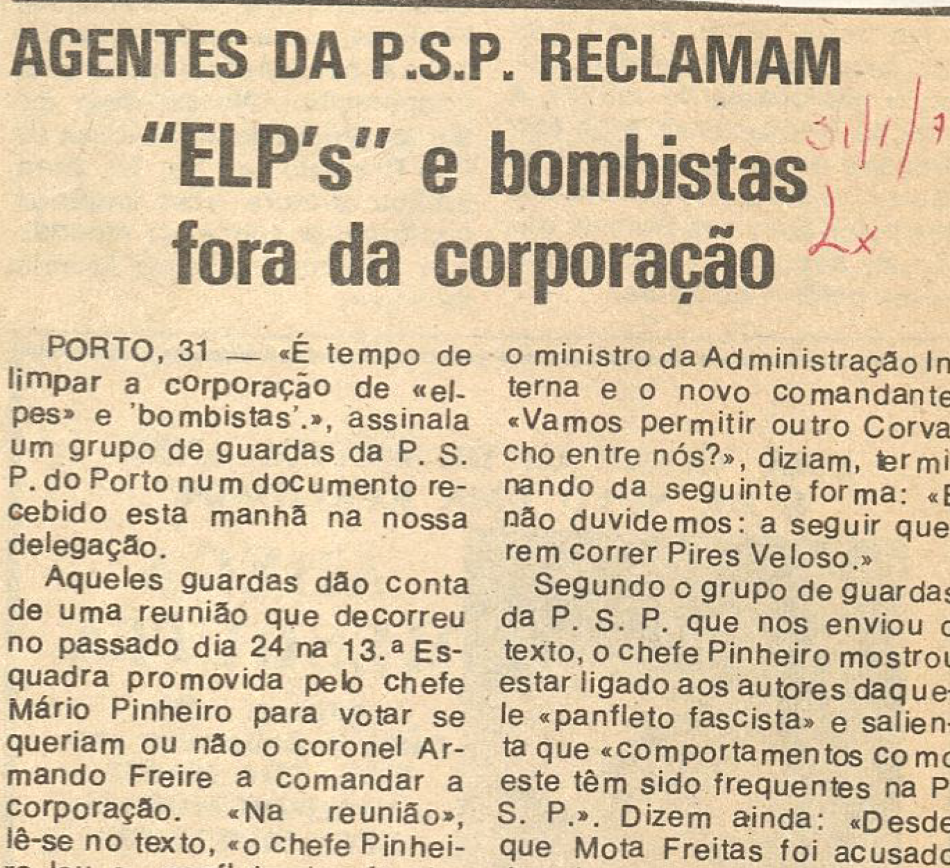 "Agentes da PSP reclamam ELP's e bombistas foram da corporação" Diário de Lisboa 31/1/1977