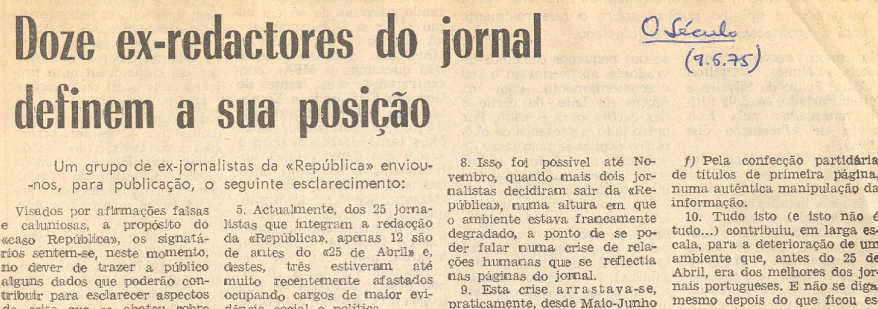 "Doze ex-redactores do jornal definem a sua posição"