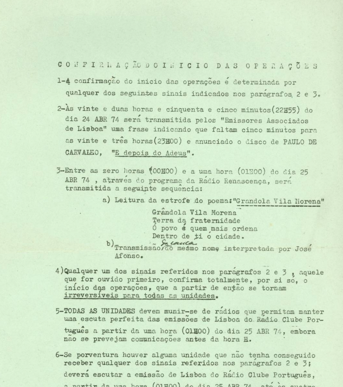 Confirmação do Início das Operações Militares (25 de Abril de 1975)