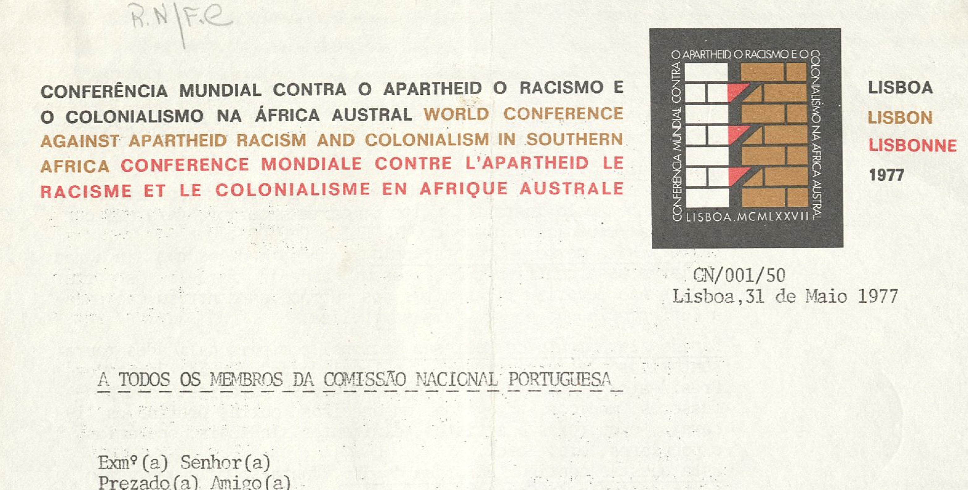 Conferencia mundial contra o apartheid o racismo e o colonialismo na africa austral (Lisboa)