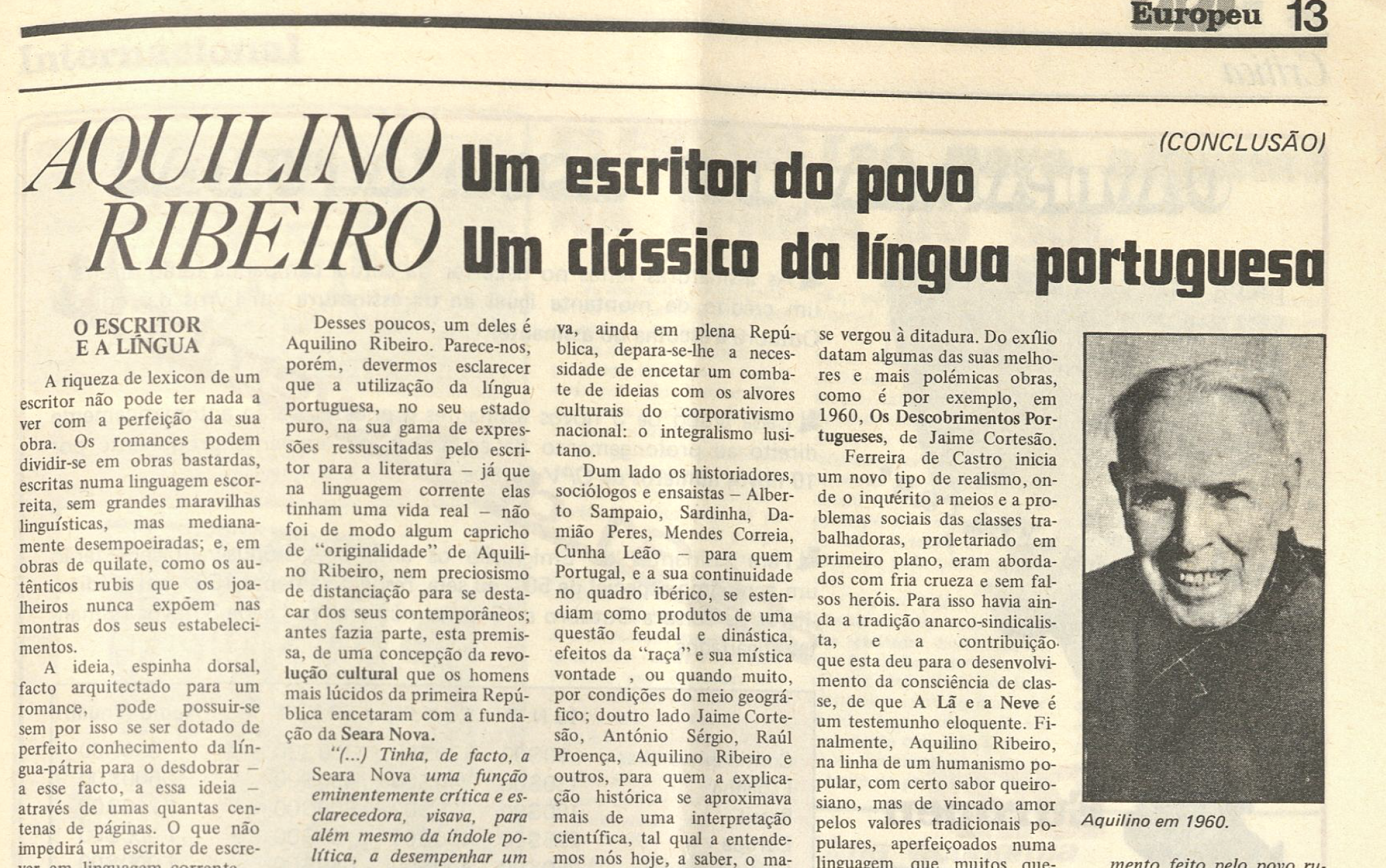 "Aquilino Ribeiro Um escritor do povo Um clássco da língua portuguesa"