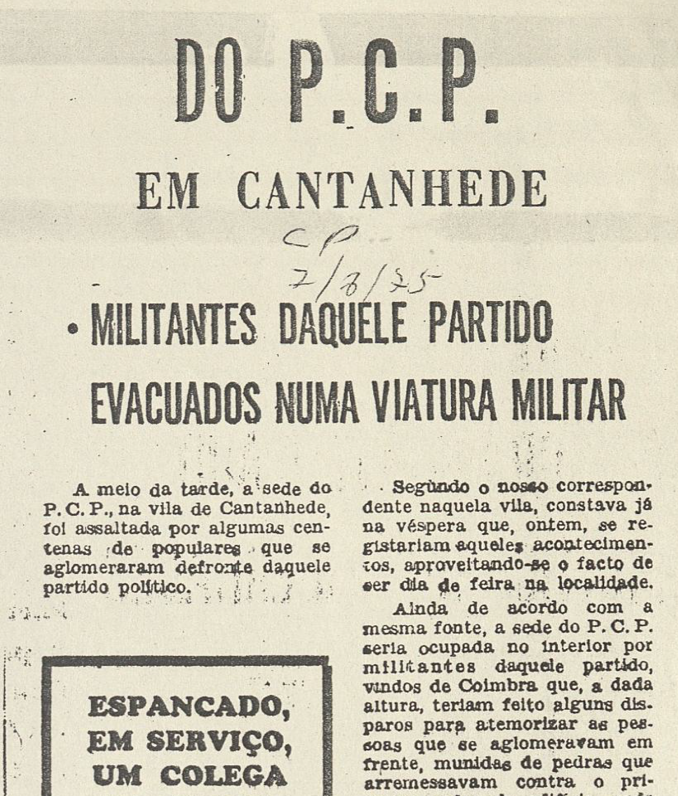 "Do PCP em Cantanhede - Militantes daquele partido evacuados numa viatura militar"