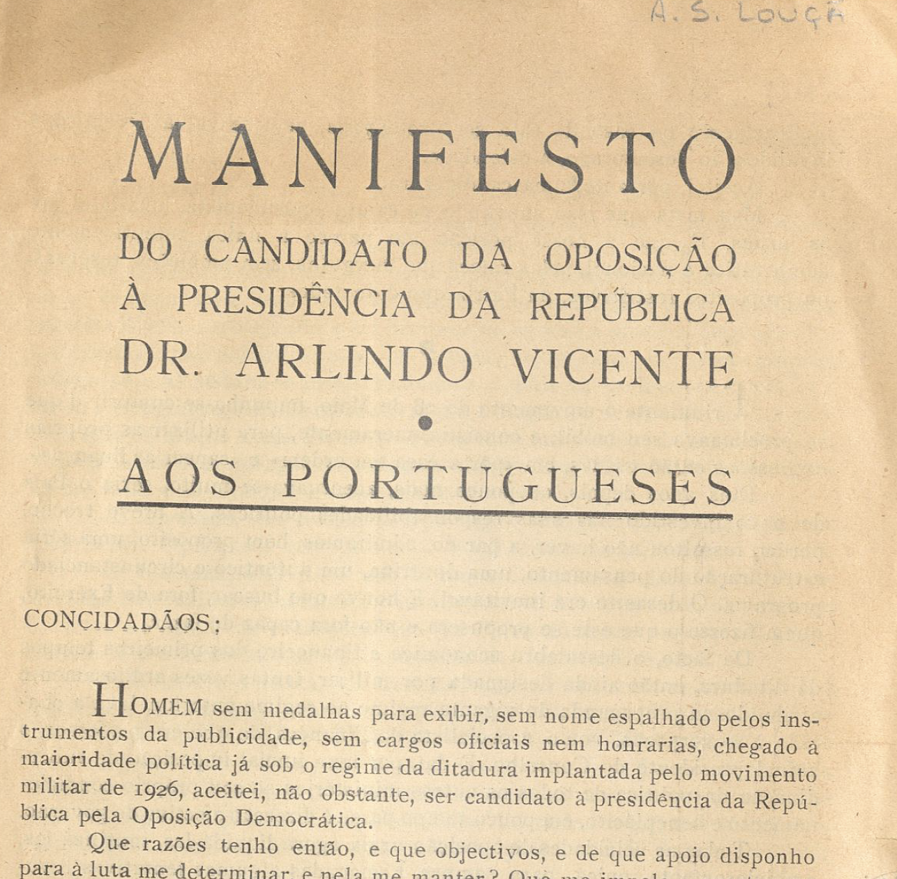 Manifesto do candidato da oposição à presidencia da republica Dr. Arlindo Vicente