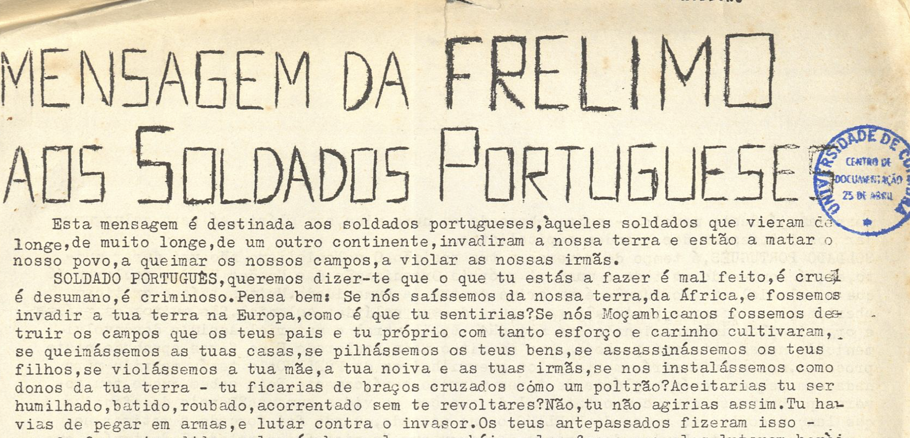 Mensagem da FRELIMO aos soldados portugueses