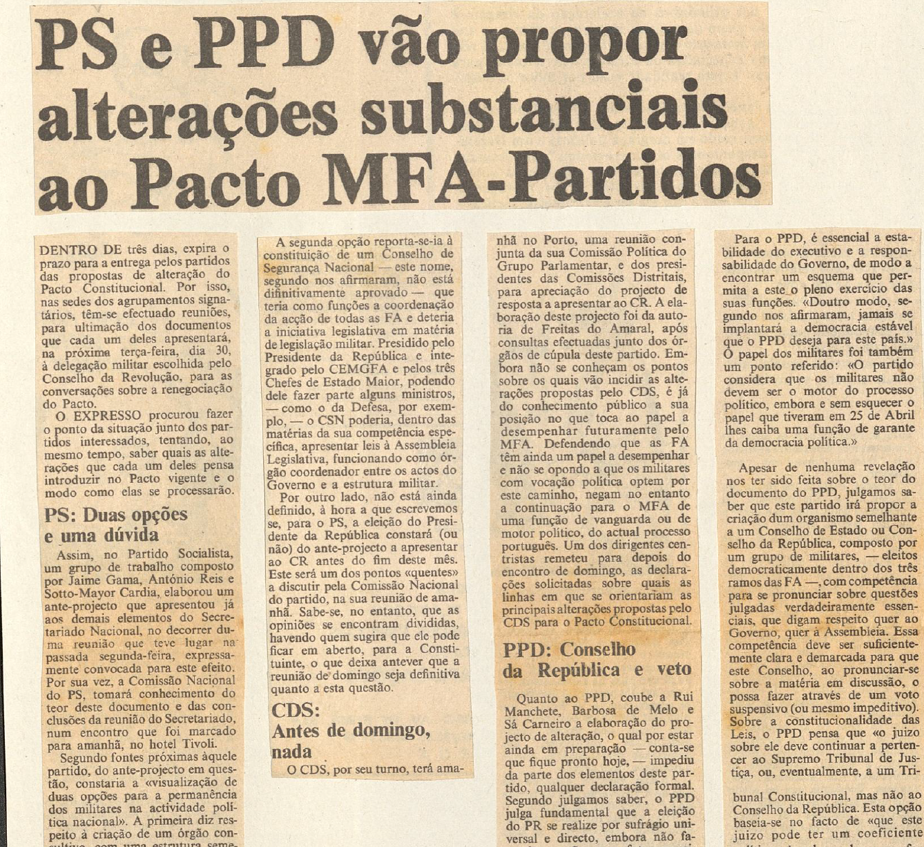 "PS e PPD vão propor alterações substanciais ao Pacto MFA-Partidos"