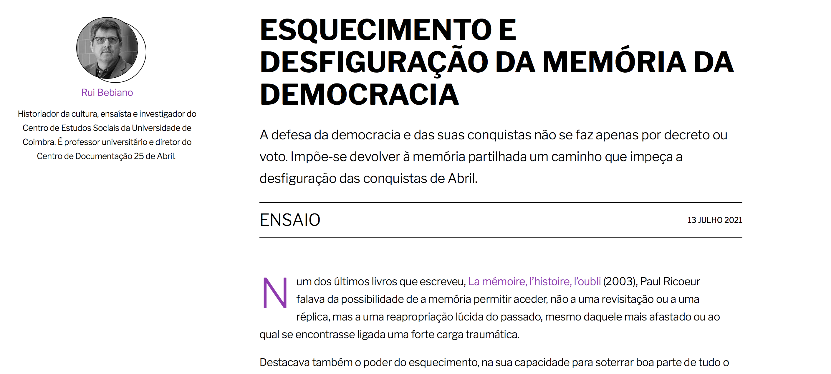 "ESQUECIMENTO E DESFIGURAÇÃO DA MEMÓRIA DA DEMOCRACIA"