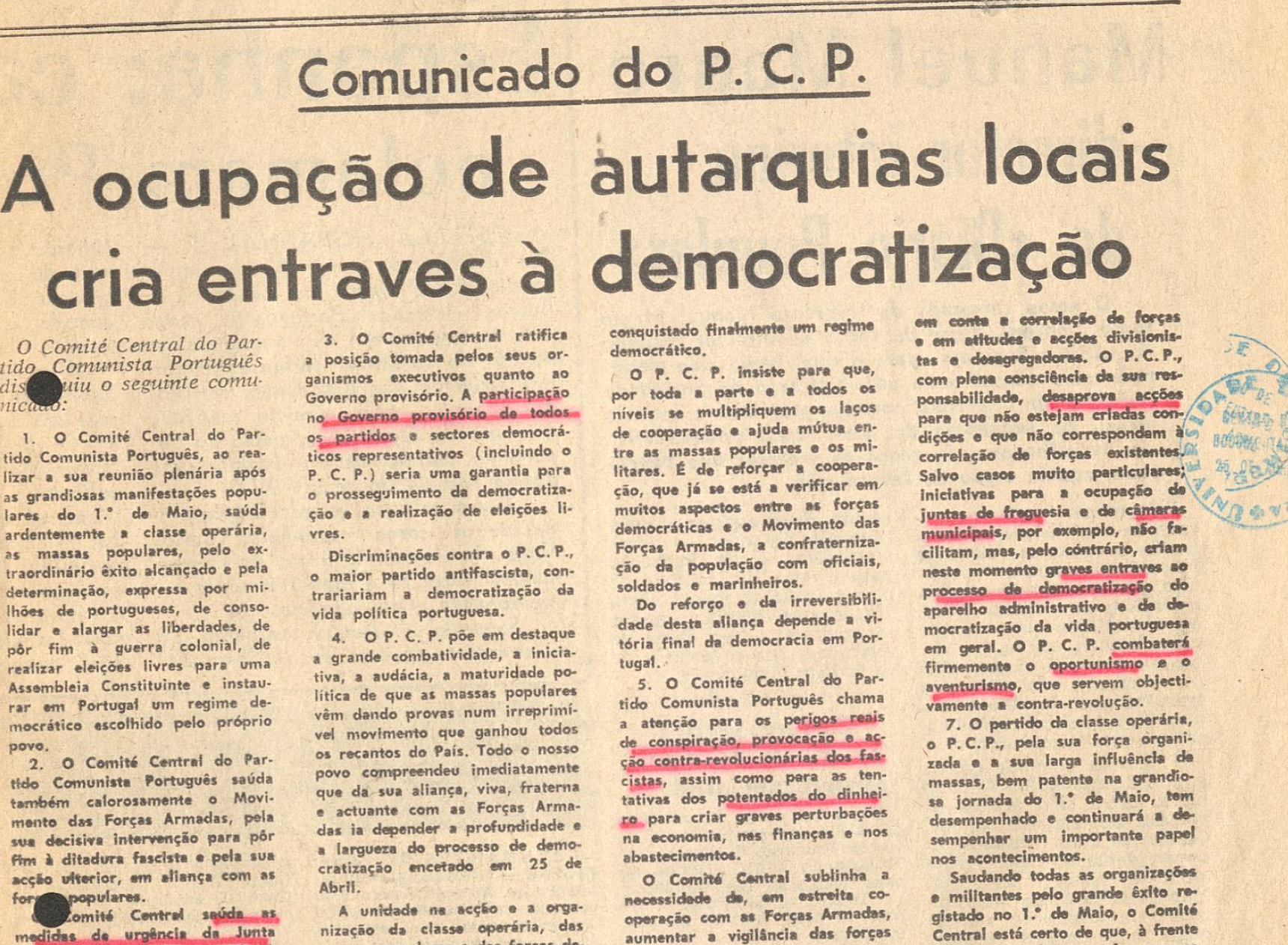 Comunicado PCP: A ocupação de autarquias locais cria entraves a democratização