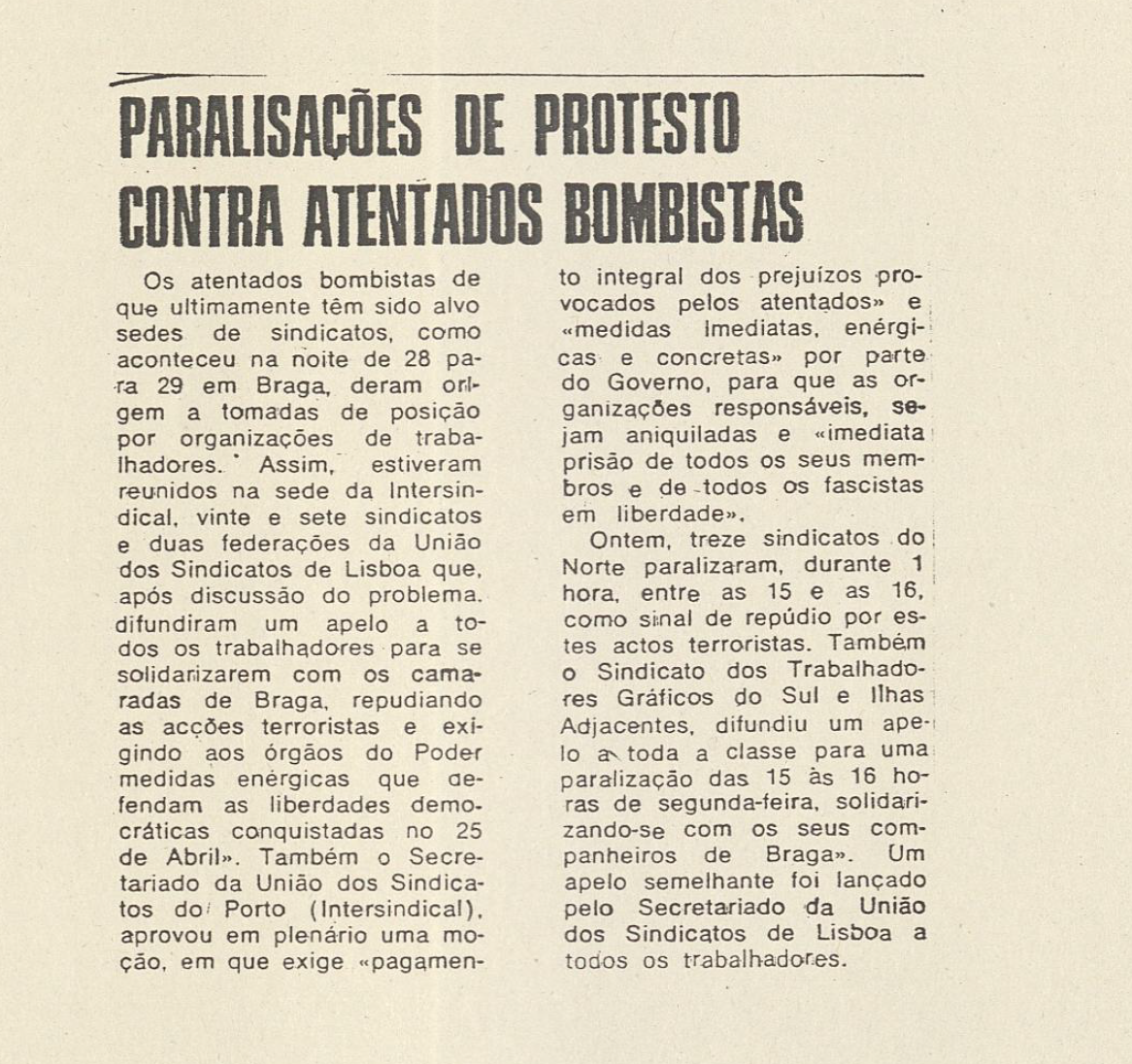 "Paralisições de protesto contra atentados bombistas" A Luta 31/1/1976