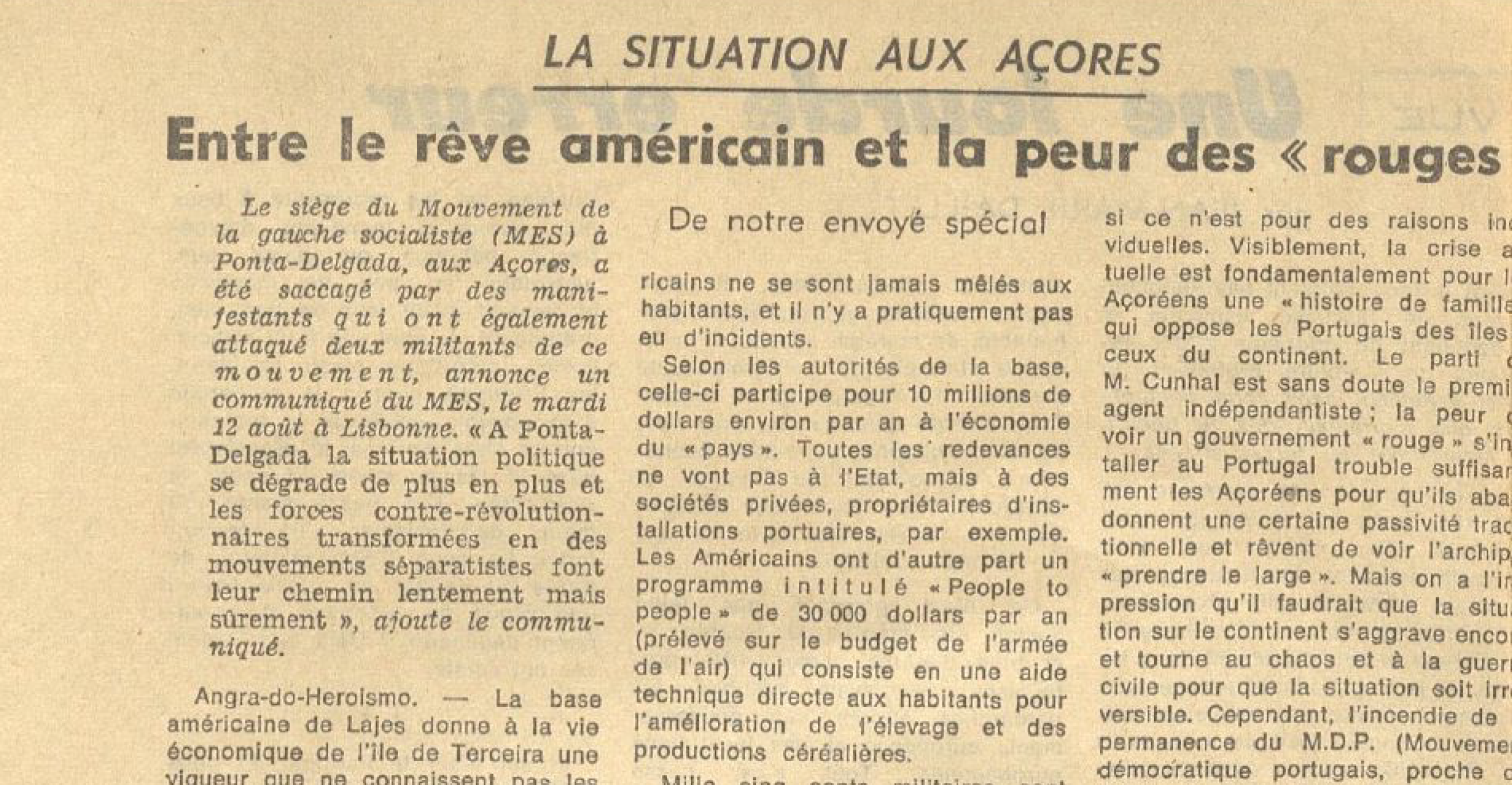 "La situation aux Açores Entre le reve american et la peur des rouges"