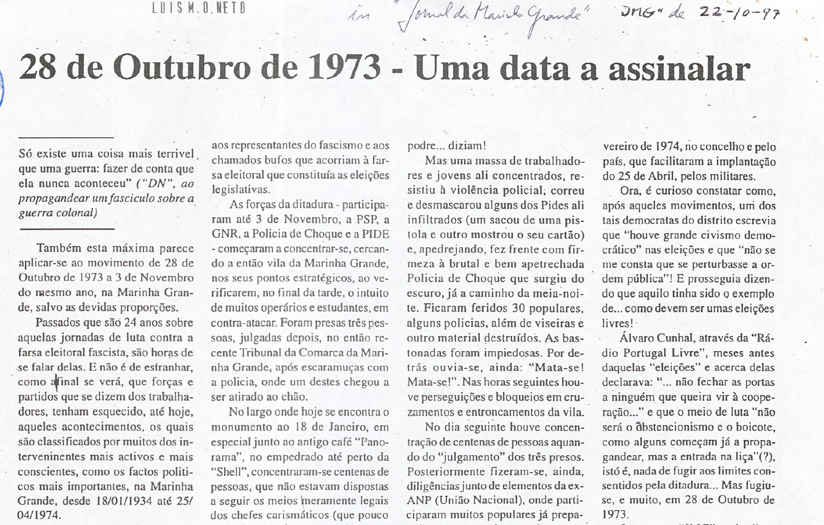 "28 de outubro de 1973 – Uma data a assinalar"