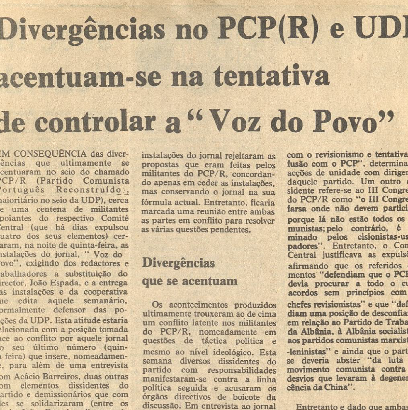 "Divergência no PCP(R) e UDP acentuam-se na tentativa de controlar a Voz do Povo"