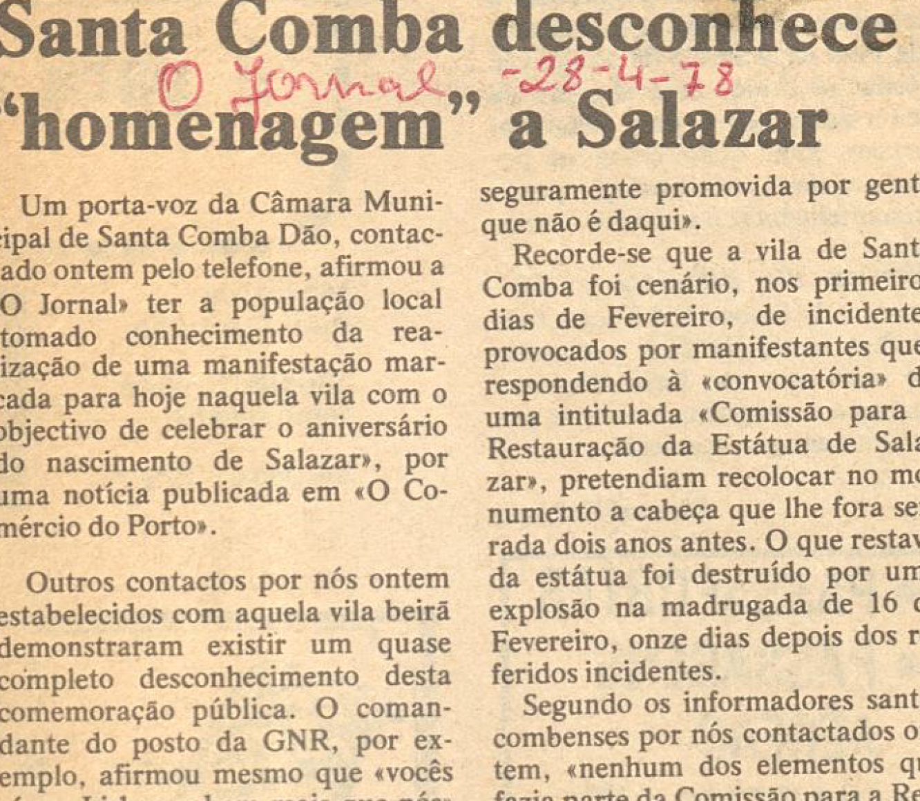 "Santa Comba desconhece homenagem a Salazar"