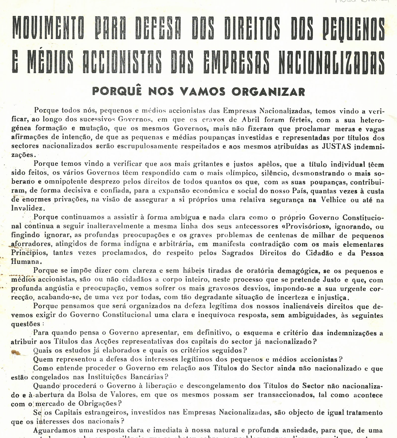 Movimento para a defesa dos direitos dos pequenos e médios accionistas das empresas nacionalizadas, "Porquê nos vamos organizar"