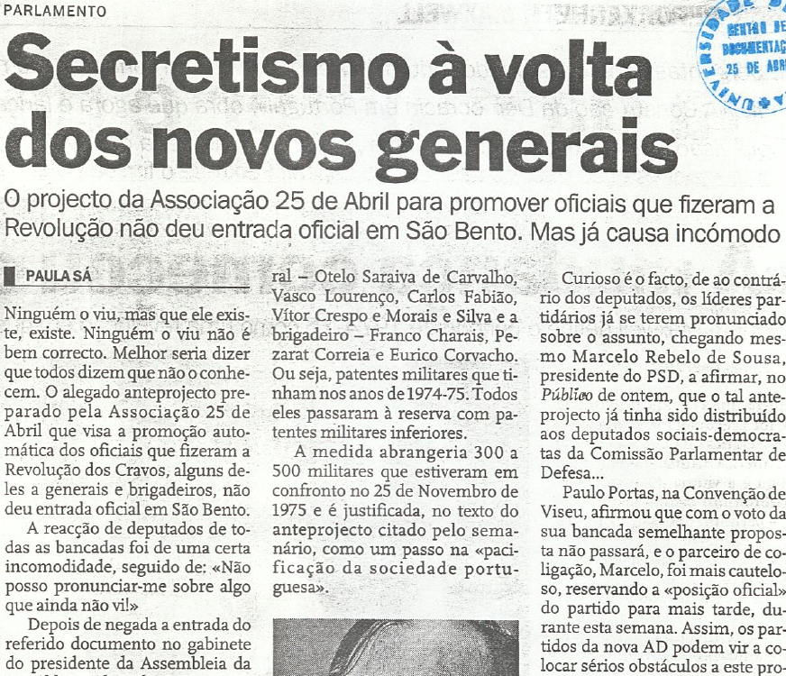 "Secretismo à volta dos novos generais"