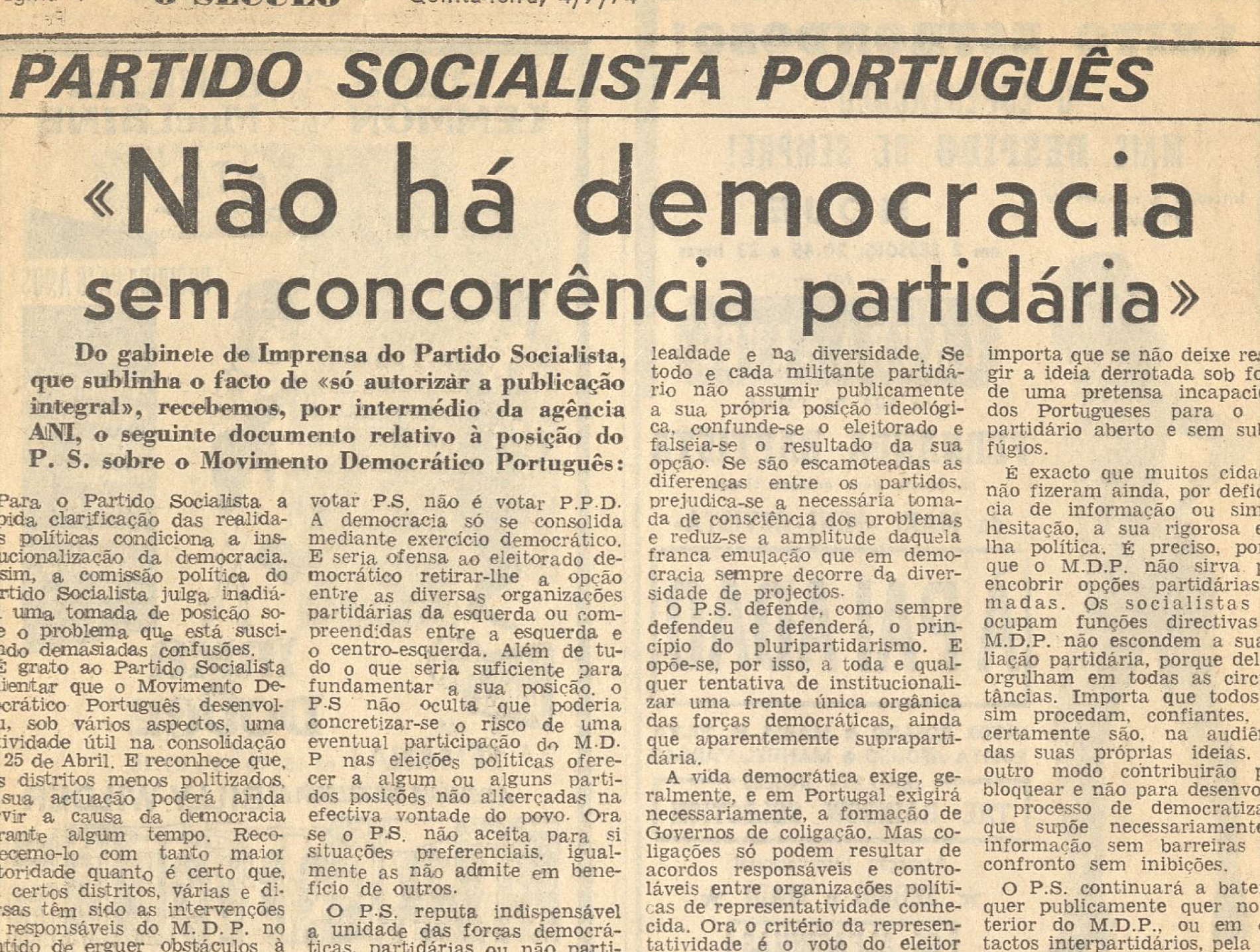 "Partido Socialista Português: Não ha democracia sem concorrência partidária"