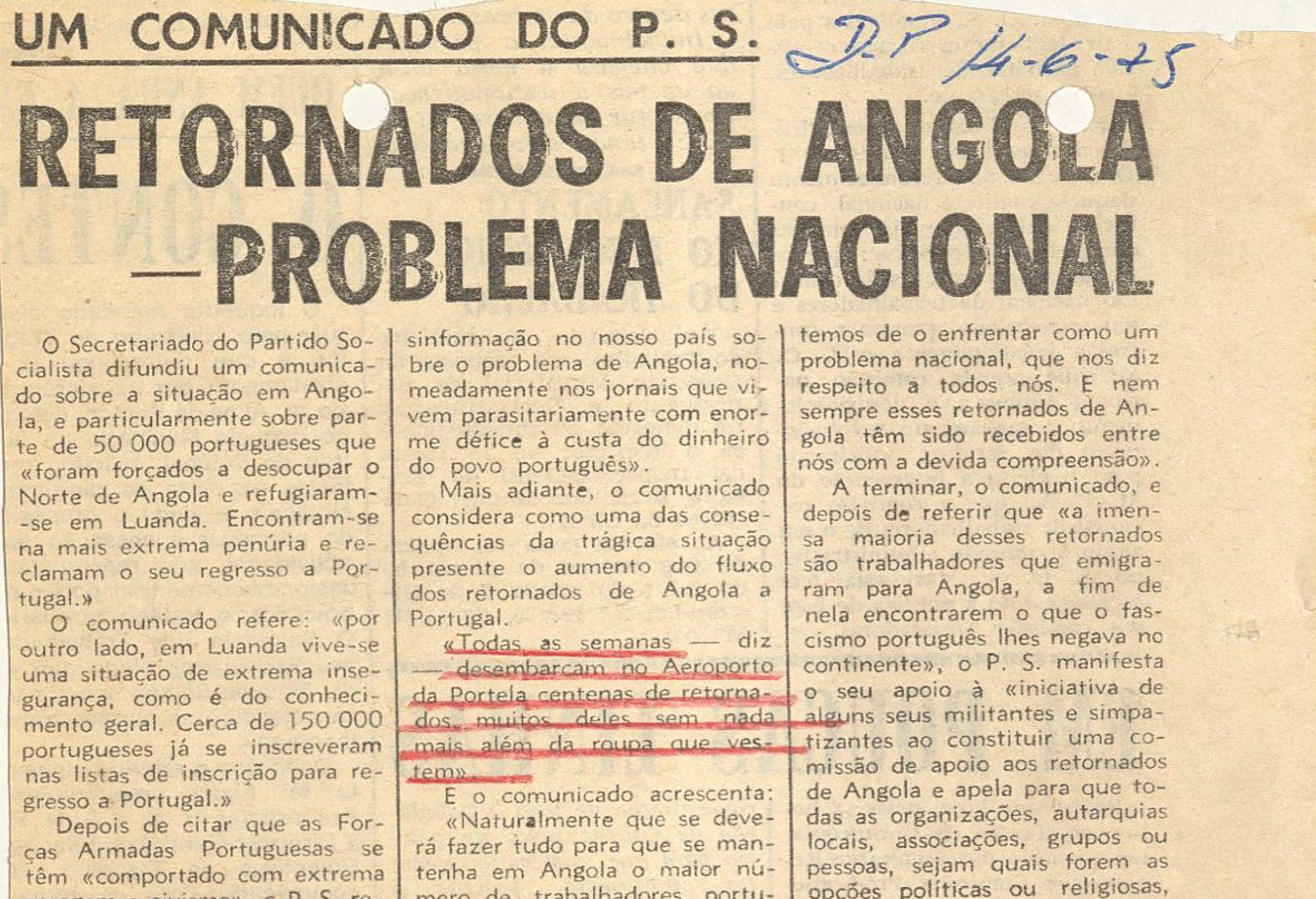 "Comunicado do PS Retornados de Angola problema nacional"