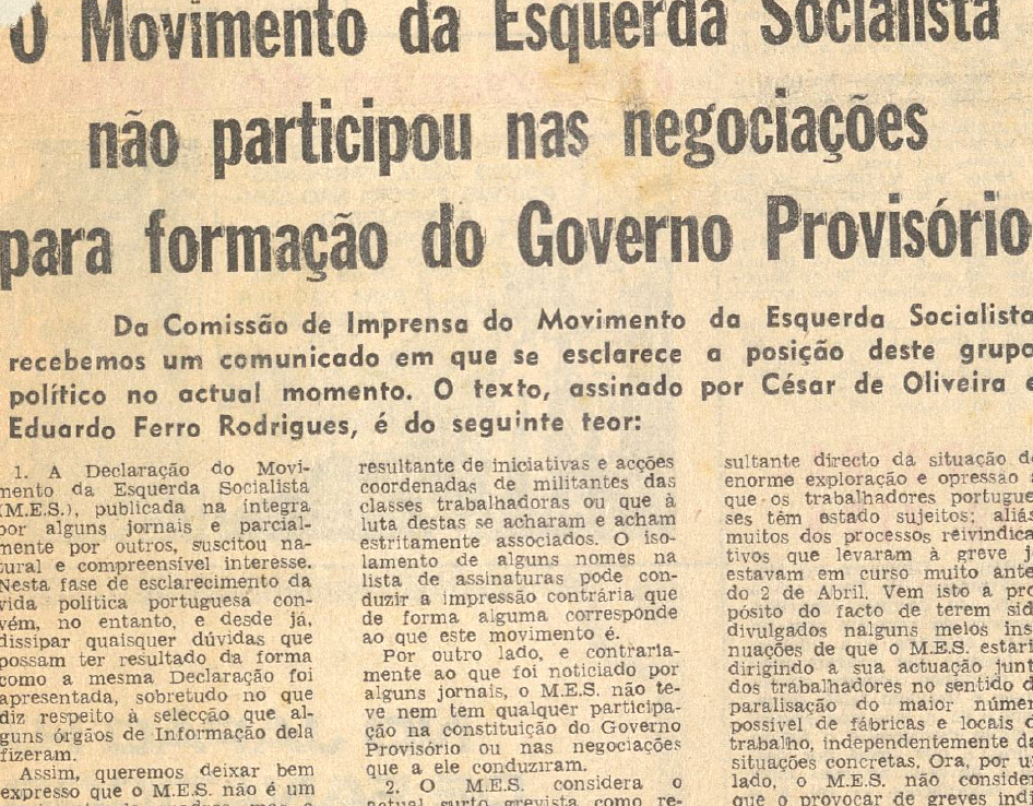 "O Movimento da Esquerda Socialista não participou nas negociações para formação do Governo Provisório"