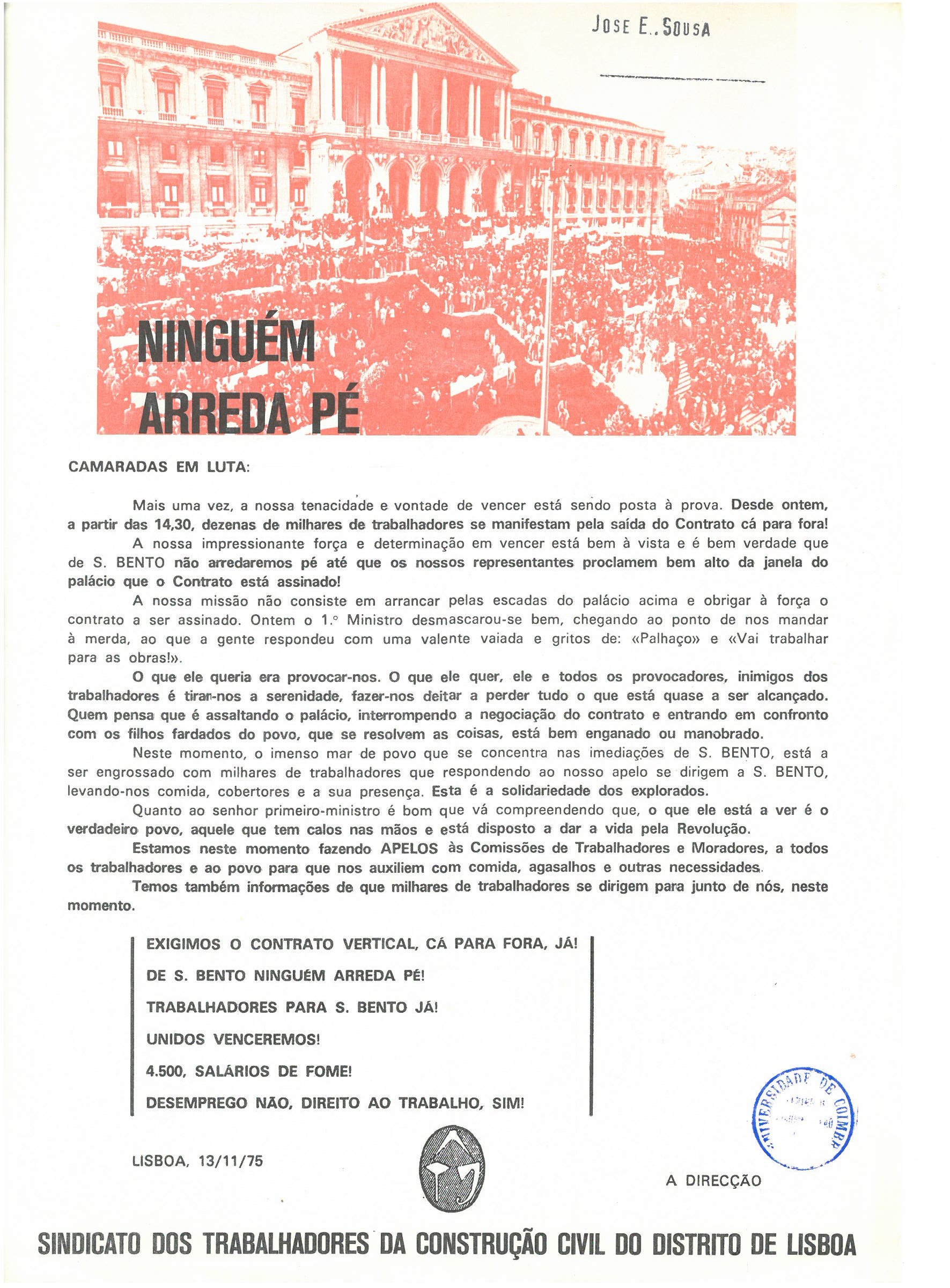 Sindicato dos Trabalhadores da Construção Civil do Distrito de Lisboa, "Ninguém arreda pé" (novembro de 1975)