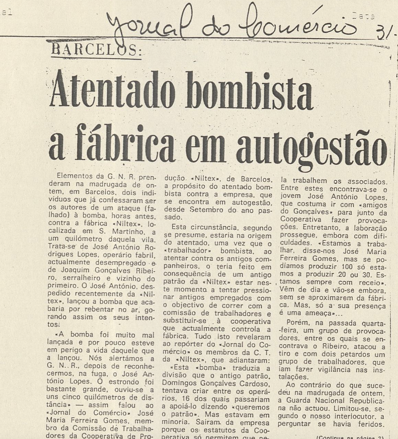 "Atentado bombista a fábrica em autogestão"