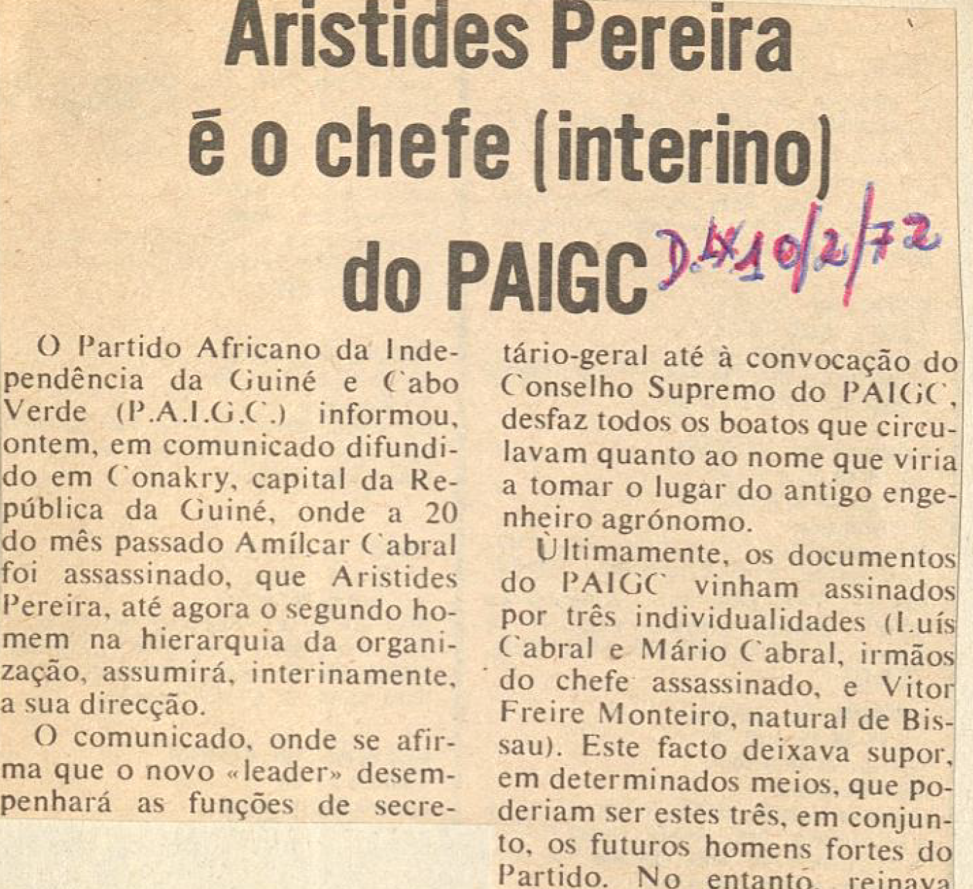 "Aristides Pereira é o chefe (interino) do PAIGC"