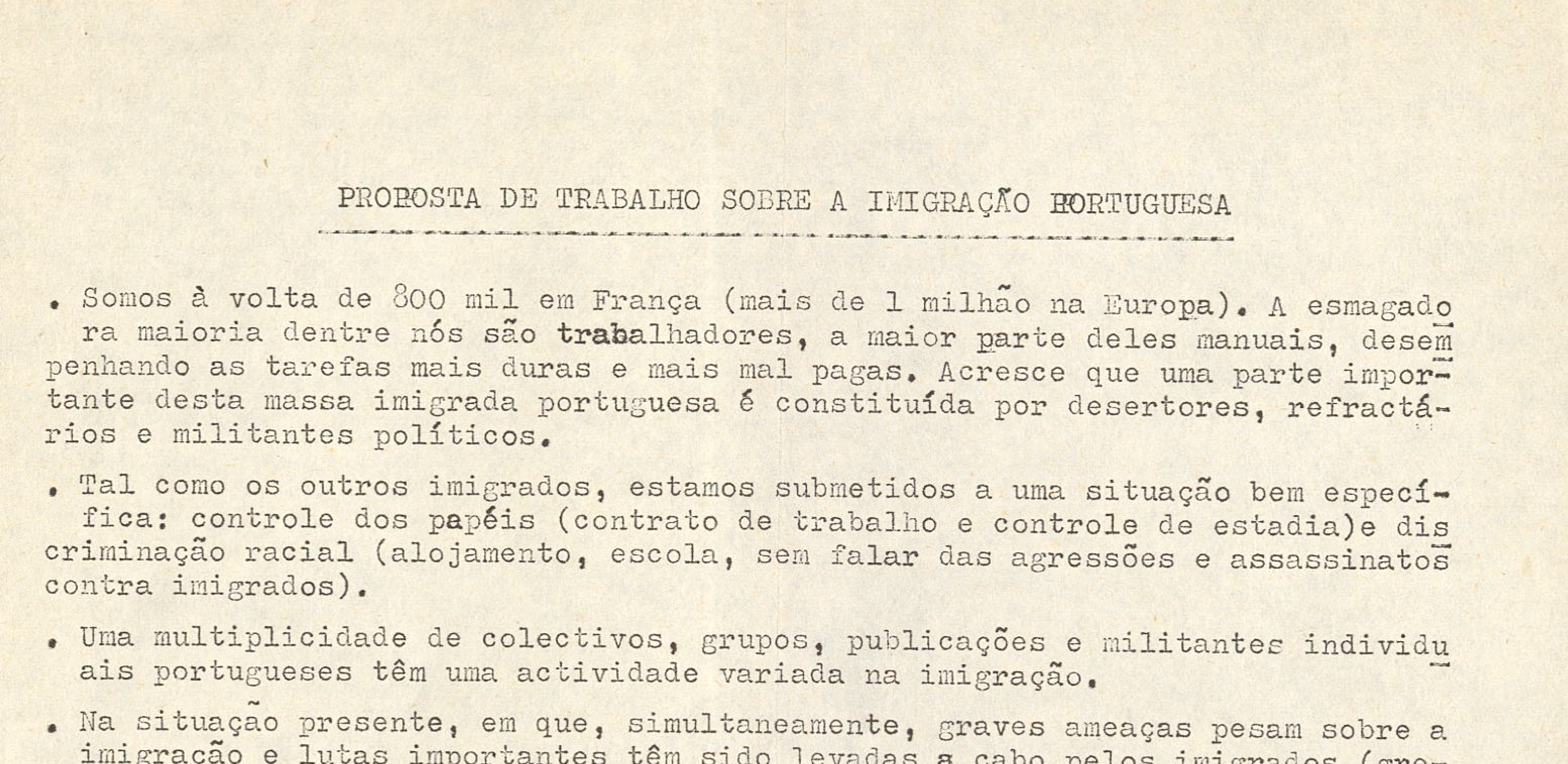 Proposta de trabalho sobre a imigração portuguesa