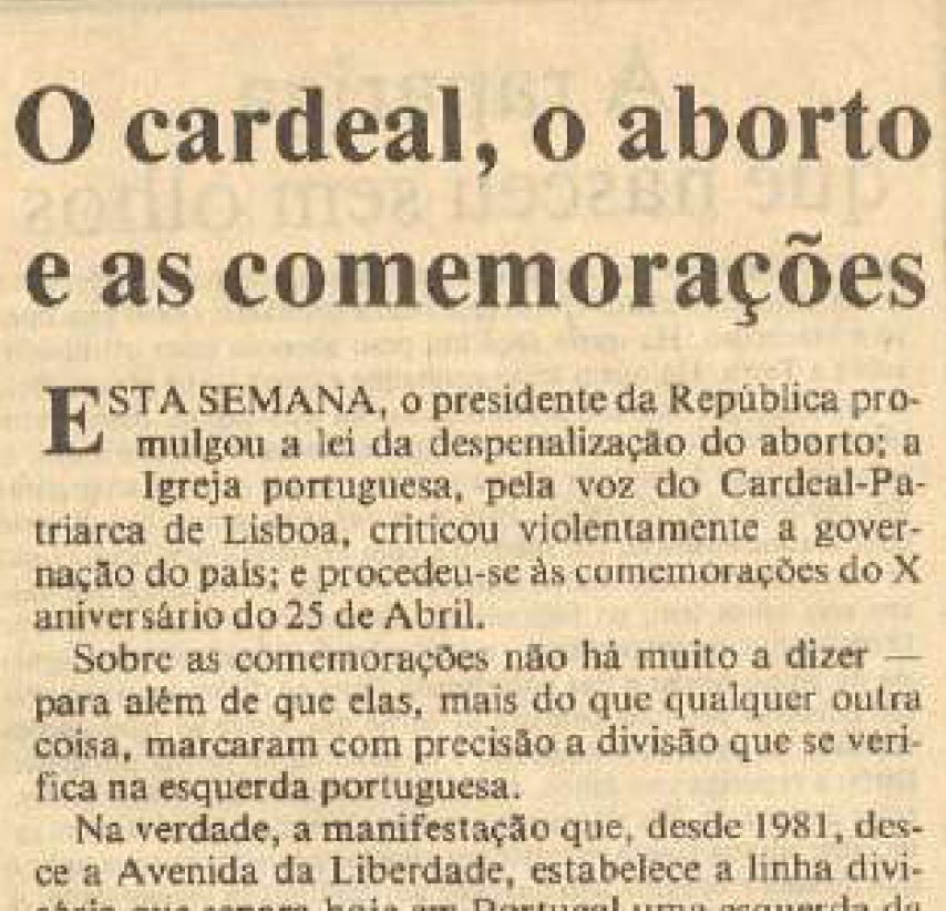 "O cardeal, o aborto e as comemorações"