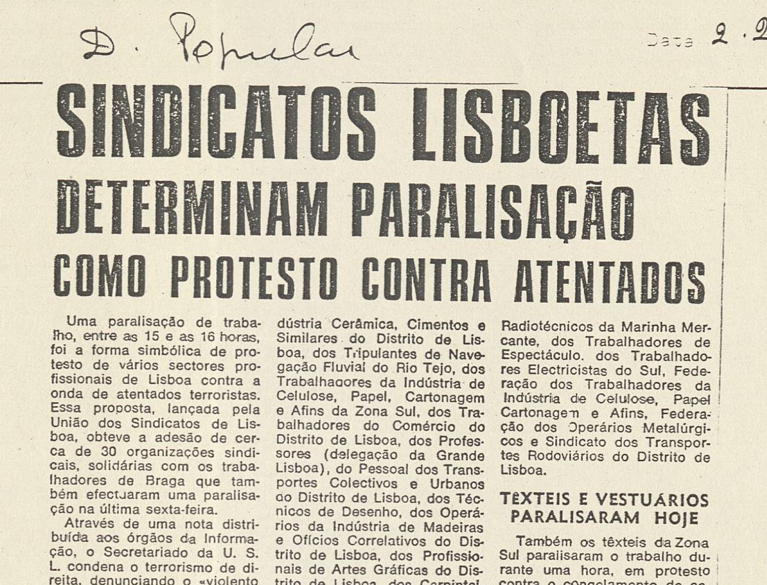 "Sindicatos Lisboetas Determinam Paralisação como protesto contra atentados"