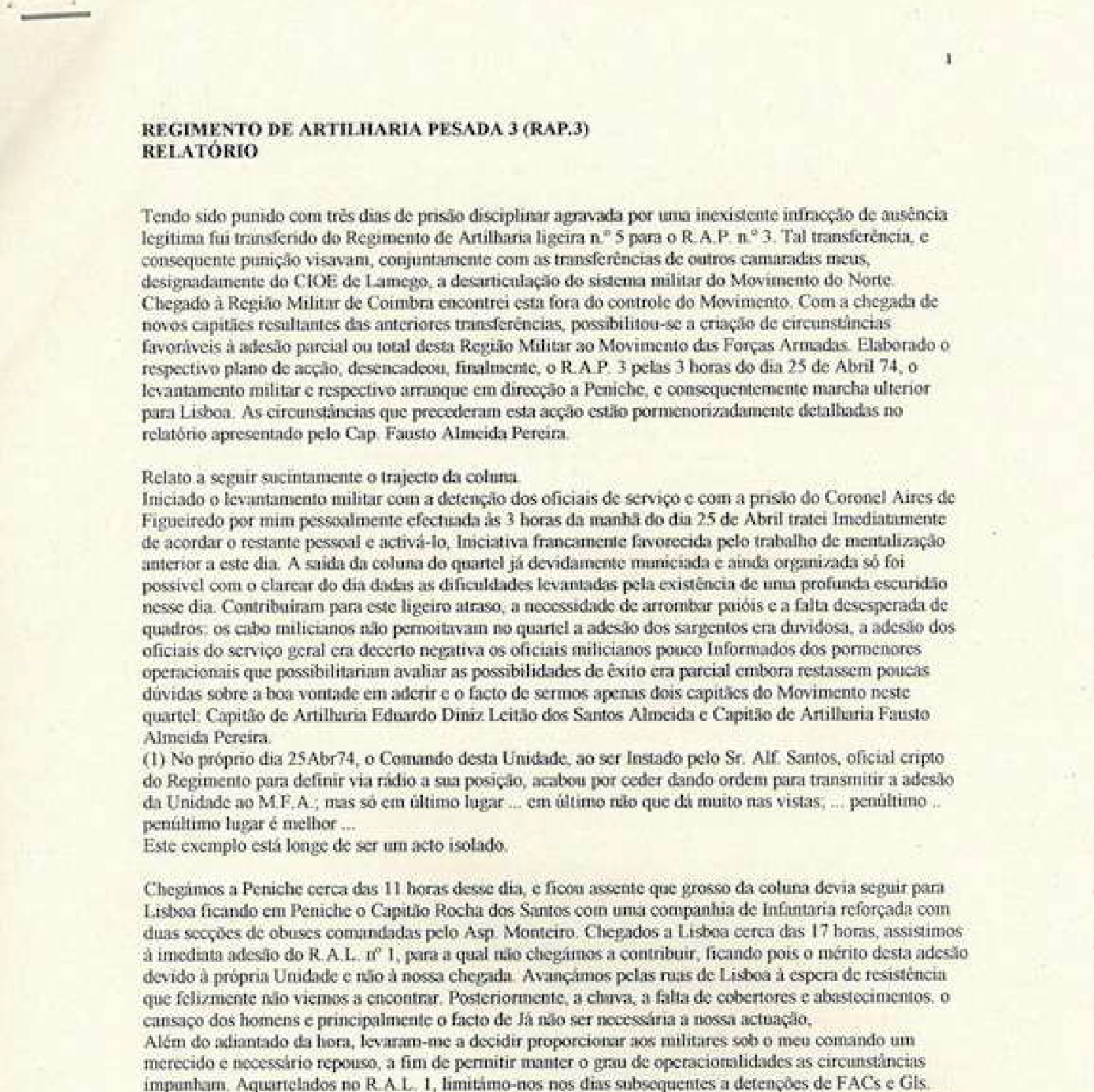 Regimento de Artilharia Pesada 3 - relatório - Figueira da Foz, 1 de maio de 1974