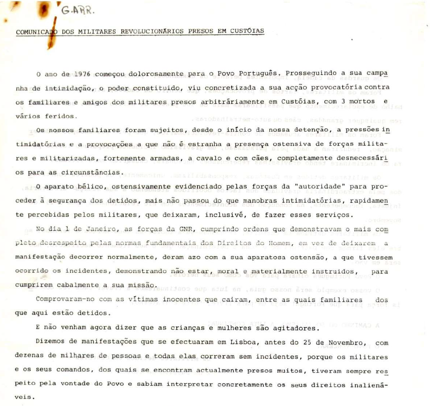 Comunicado dos militares revolucionários presos em custóias (25 de Novembro)